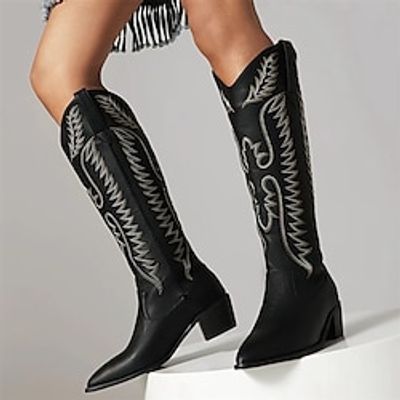 Women's Boots Cowboy Boots Plus Size Outdoor Daily Embroidered Knee High Boots Winter Embroidery Chunky Heel Pointed Toe Vintage Fashion Casual PU Black White miniinthebox
