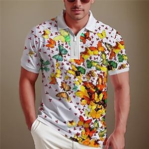 Butterfly Men's Casual Print 3D Zip Polo Golf Polo Outdoor Daily Wear Streetwear Polyester Short Sleeve Turndown Zip Polo Shirts Yellow Dark Pink Summer S M L Micro-elastic Lapel Polo Lightinthebox
