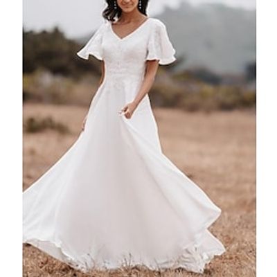 Little White Dresses Wedding Dresses A-Line V Neck Short Sleeve Floor Length Chiffon Bridal Gowns With Appliques 2023 Lightinthebox