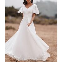 Little White Dresses Wedding Dresses A-Line V Neck Short Sleeve Floor Length Chiffon Bridal Gowns With Appliques 2023 Lightinthebox - thumbnail