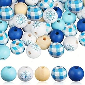 Christmas Wood Beads Winter Colorful Wood Beads Buffalo Rustic Farmhouse Wooden Beads for DIY Craft Bead Garland Home Decor (Classic Color,Snowflake Pattern) miniinthebox