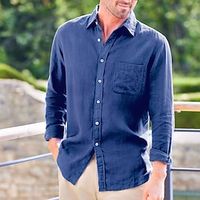 Men's Linen Shirt Button Up Shirt Summer Shirt Casual Shirt Beach Shirt Dark Blue Light Blue Long Sleeve Plain Lapel Spring  Summer Casual Daily Clothing Apparel Front Pocket Lightinthebox - thumbnail