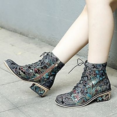Women's Boots Lace Up Boots Handmade Shoes Daily Floral Embroidered Booties Ankle Boots Winter Zipper Flower Chunky Heel Round Toe Vintage Casual Comfort Leather Polyester Zipper Black miniinthebox