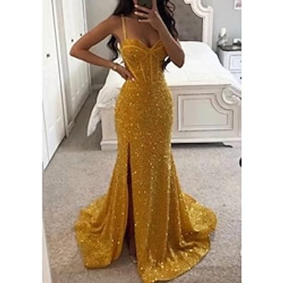 Mermaid Trumpet Evening Gown Elegant Dress Formal Prom Sweep Brush Train Sleeveless Spaghetti Strap Sequined with Glitter Slit 2023 Lightinthebox Mermaid Trumpet Evening Gown Elegant Dress Formal Prom Sweep Brush Train Sleeveless Spaghetti Strap Sequined with Glitter Slit 2023 Lightinthebox