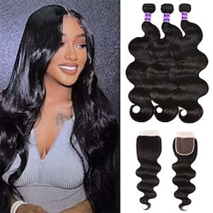 Brazilian Body Wave 3 Bundles With Closure Free Part (16 18 2014) Body Wave Bundles with 4X4 Closure 100% Unprocessed Virgin Hair Weft Human Hair Bundles with Swiss Lace Closure Natural Color Lightinthebox