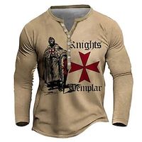 Graphic Knights Templar National Flag Fashion Casual Men's 3D Print T shirt Tee Henley Shirt Tee Top Daily Holiday Going out T shirt Black Brown Khaki Long Sleeve Henley Shirt Spring   Fall Clothing Lightinthebox