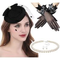 Classical Retro Vintage 1950s Outfits Pillbox Hat Fascinators Hat Head Jewelry Necklace Long Gloves Bridal Women's Carnival Wedding Wedding Guest Party / Cocktail Gloves Lightinthebox