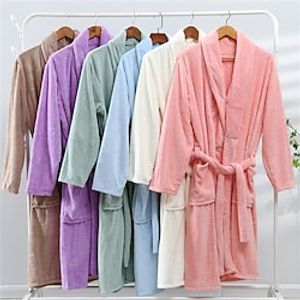Women's Fleece Pajamas Robe Bathrobe Pure Color Plush Casual Comfort Home Daily Bed Coral Fleece Coral Velvet Warm Lapel Long Sleeve Pocket Fall Winter White Pink Lightinthebox