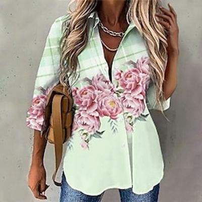 Women's Shirt Blouse Green Floral Button Print Long Sleeve Casual Holiday Basic Shirt Collar Regular Floral S Lightinthebox