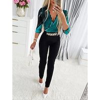 Women's Jumpsuit Patchwork Color Block V Neck Streetwear Daily Vacation Regular Fit Long Sleeve Green S M L Spring miniinthebox - thumbnail