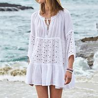 Women's White Dress Casual Dress Summer Dress Mini Dress Lace up Ruffle Holiday Vacation Beach Basic Round Neck 3/4 Length Sleeve Loose Fit White Color One-Size Size Lightinthebox