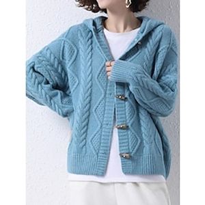 Women's Cardigan Sweater Jacket Hooded Cable Knit Acrylic Button Knitted Fall Winter Regular Outdoor Daily Going out Fashion Streetwear Casual Long Sleeve Solid Color Black Wine Blue One-Size Lightinthebox
