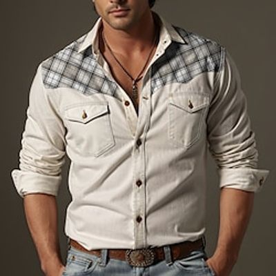 Men's Shirt Button Up Shirt Casual Shirt Western Shirt Black White Navy Blue Long Sleeve Plaid Color Block Lapel Daily Vacation Splice Clothing Apparel Fashion Casual Comfortable Lightinthebox