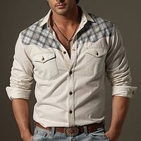 Men's Shirt Button Up Shirt Casual Shirt Western Shirt Black White Navy Blue Long Sleeve Plaid Color Block Lapel Daily Vacation Splice Clothing Apparel Fashion Casual Comfortable Lightinthebox - thumbnail