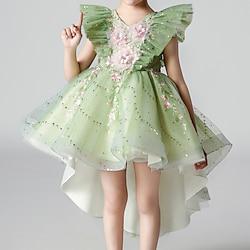 Kids Girls' Party Dress Floral Sequin Flower Sleeveless Wedding Special Occasion Sequins Ruched Mesh Adorable Sweet Cotton Polyester Asymmetrical Party Dress Summer Spring Fall 3-12 Years Green Lightinthebox