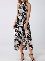 Floral Print Slit Hem Halter Sleeveless Women Maxi Dress