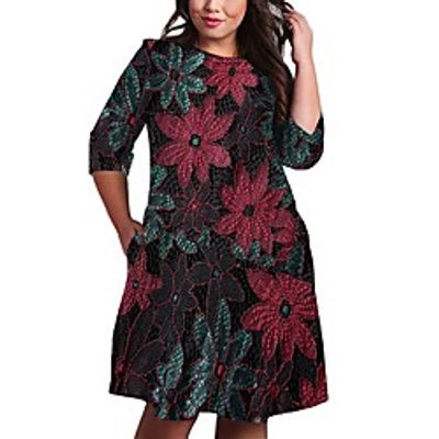 Women's Plus Size Dress A Line Dress Knee Length Dress 34 Length Sleeve Floral Graphic Mesh Print Casual Fall Red XL XXL 3XL 4XL 5XL Lightinthebox