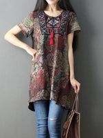 Folk Style Print Patchwork Tie Short Sleeve O-neck Dress For Women