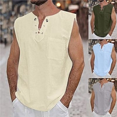 Men's Shirt Linen Shirt Summer Shirt Beach Shirt Black White Navy Blue Sleeveless Plain V Neck Summer Casual Daily Clothing Apparel Drawstring Lightinthebox