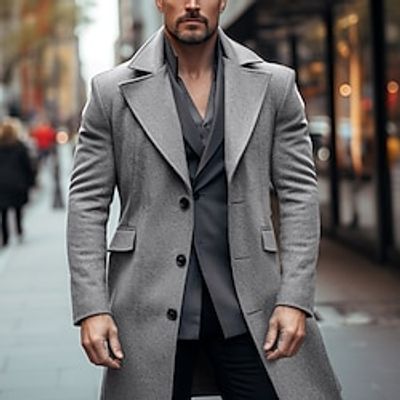 Men's Winter Coat Peacoat Long Trench Coat Outdoor Daily Wear Fall  Winter Polyester Thermal Warm Windproof Outerwear Clothing Apparel Fashion Streetwear Plain Lapel Single Breasted miniinthebox