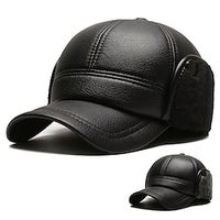 Men's Flat Cap Winter Hats Flat Top Hat Earmuffs Cap Black Gray PU Leather Thick Travel Ear Protection Outdoor Vacation Plain Windproof Warm Lightinthebox - thumbnail