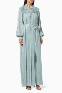 Metallic Frill Pleated Dress with Belt