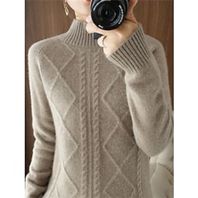 Women's Pullover Sweater Jumper Stand Collar Cable Knit Acrylic Oversized Fall Winter Regular Outdoor Daily Going out Stylish Casual Soft Long Sleeve Solid Color White Blue Camel One-Size Lightinthebox