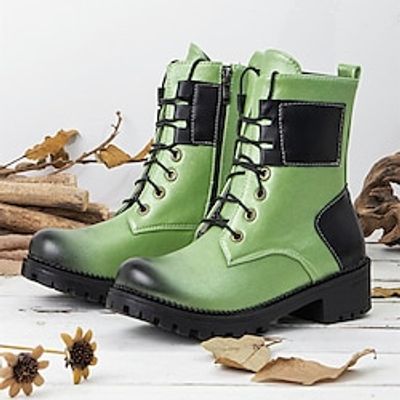 Women's Boots Combat Boots Plus Size Outdoor Daily Booties Ankle Boots Chunky Heel Round Toe Vintage Elegant Plush PU Lace-up Black Green Khaki miniinthebox