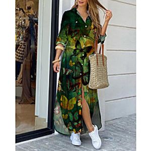 Women's Shirt Dress Maxi long Dress Green Long Sleeve Butterfly Animal Print Spring Summer Shirt Collar Casual 2021 S M L XL XXL 3XL Lightinthebox