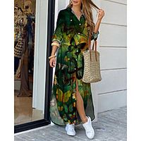 Women's Shirt Dress Maxi long Dress Green Long Sleeve Butterfly Animal Print Spring Summer Shirt Collar Casual 2021 S M L XL XXL 3XL Lightinthebox - thumbnail