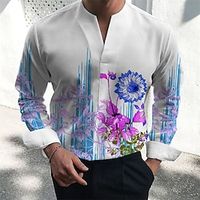 Flowers Casual Men's Shirt Daily Wear Going out Spring   Fall V Neck Long Sleeve Yellow, Blue, Purple S, M, L 4-Way Stretch Fabric Shirt Lightinthebox - thumbnail