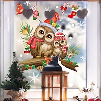 Christmas Tree Branch Cartoon Owl Glass Sticker, Self-Adhesive Wall Sticker For Festive Window Decoration, Perfect Gift For Celebrating Christmas, Thanksgiving Day Lightinthebox