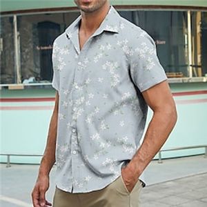 Men's Shirt Floral Graphic Prints Turndown Blue Gray Street Casual Short Sleeves Button-Down Print Clothing Apparel Linen Fashion Streetwear Designer Soft Lightinthebox