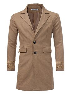 Lapel Embroidery Plain Flap Pocket Men Woolen Coat