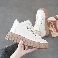 Women's Sneakers Boots White Shoes High Top Sneakers Daily Booties Ankle Boots Flat Heel Round Toe Casual Minimalism Running Walking PU Lace-up Solid Color Black White Lightinthebox - thumbnail
