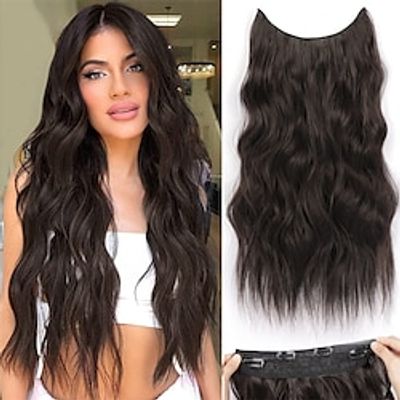 Hair Extensions Dark Brown Invisible Wire Wave Hair with Adjustable Size Transparent Headband 4 Secure Clips Long Wavy Secret Hairpiece for Women Daily Use 20 inch miniinthebox