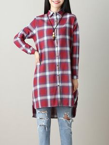 Casual Plaid Long Sleeve Lapel High Low Shirt