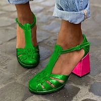 Women's Heels Mary Jane Party Work Platform Block Heel Round Toe Fashion Walking PU T-Strap Solid Color Silver Gold Green Lightinthebox - thumbnail