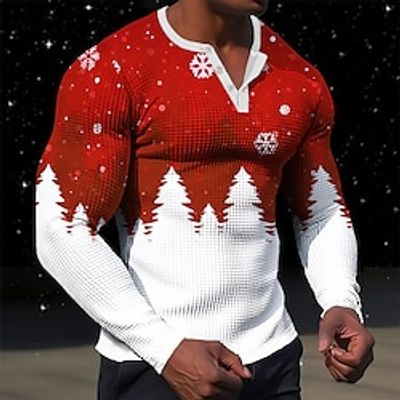 Graphic Color Block Christmas Tree Fashion Designer Casual Men's 3D Print Henley Shirt Waffle T Shirt Sports Outdoor Holiday Festival Christmas T shirt Blue Red  White Orange Long Sleeve Henley Shirt Lightinthebox