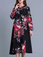 Retro Women Flower Printed Long Sleeve Knee-Length Dress