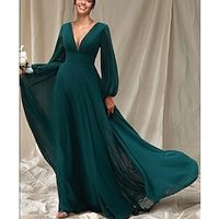 A-Line Wedding Guest Dresses Minimalist Dress Summer Floor Length Long Sleeve V Neck Bridesmaid Dress Chiffon with Ruched 2023 Lightinthebox