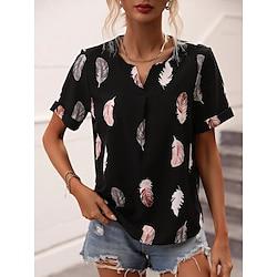 Women's Shirt Blouse Feather Daily Vacation Print Black Short Sleeve Casual V Neck Summer Lightinthebox