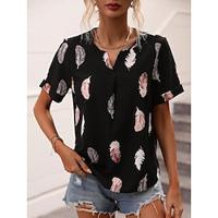 Women's Shirt Blouse Feather Daily Vacation Print Black Short Sleeve Casual V Neck Summer Lightinthebox - thumbnail