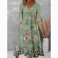 Women's Casual Dress Swing Dress Midi Dress Green Half Sleeve Floral Print Winter Fall Spring V Neck Stylish Vacation Weekend 2022 S M L XL XXL 3XL Lightinthebox - thumbnail