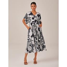 Black White Abstract Polka Dot V Neck Midi Dress