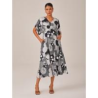 Black White Abstract Polka Dot V Neck Midi Dress