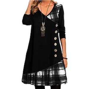 Women's Casual Dress T Shirt Dress Tee Dress Shift Dress Mini Dress Black Red Gray Long Sleeve Plaid Patchwork Winter Fall Spring V Neck Fashion Daily Loose Fit 2023 S M L XL XXL 3XL Lightinthebox