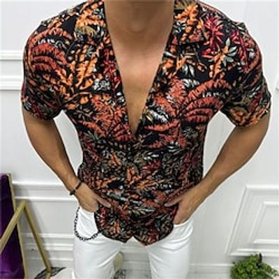 Men's Shirt Print Leaves Turndown Street Casual Button-Down Short Sleeve Tops Casual Fashion Breathable Comfortable Black miniinthebox