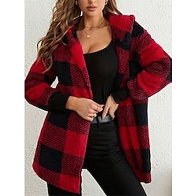 Women's Fleece Jacket Teddy Coat Hoodie Jacket Warm Breathable Street Daily Wear Vacation Going out Pocket Fleece Lined Open Front Hoodie Casual Street Style Stripes and Plaid Regular Fit Outerwear Lightinthebox