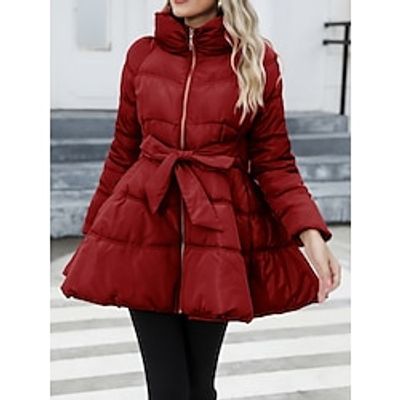Women's Parka Windproof Warm Outdoor Street Daily Wear Going out Zipper Pocket Zipper Stand Collar Fashion Simple Modern Casual Plain Regular Fit Outerwear Long Sleeve Fall Winter Black Wine Purple S Lightinthebox